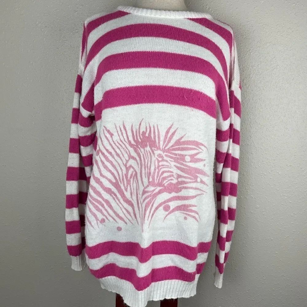Vintage Garan by Marita Womens Sweater Pink and White Stripe with Zebra Size L